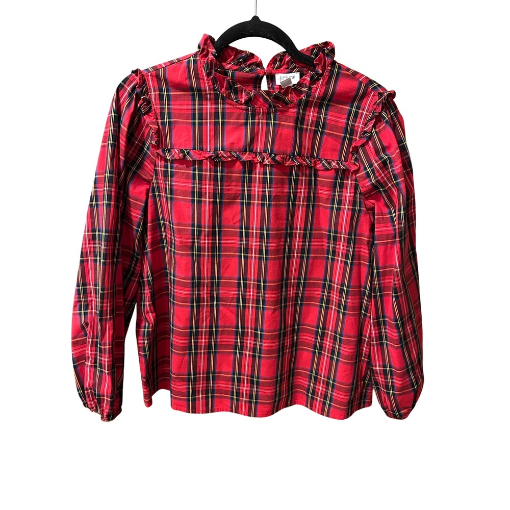 J.Crew Red Tartan Plaid Ruffle Neck Top Small Stewart Plaid Long Sleeve Blouse